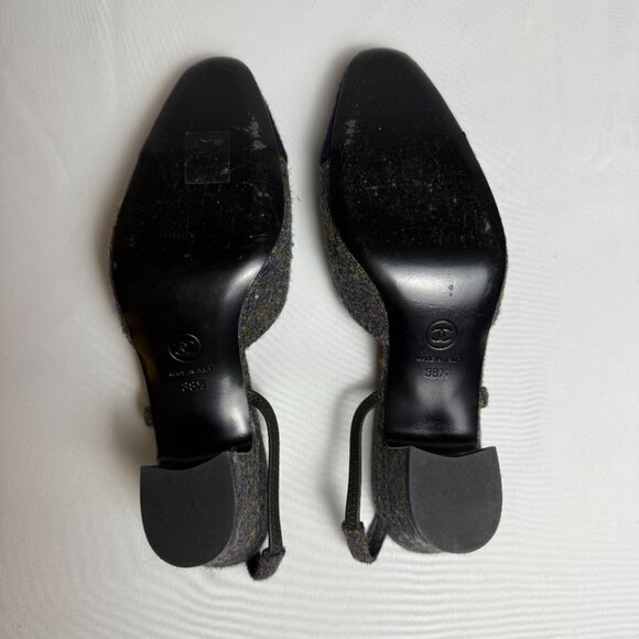 Chanel | Size 38.5, US 8.5 | Grey & Navy Tweed Slingback Pumps | ($1,125) - Picture 3 of 8
